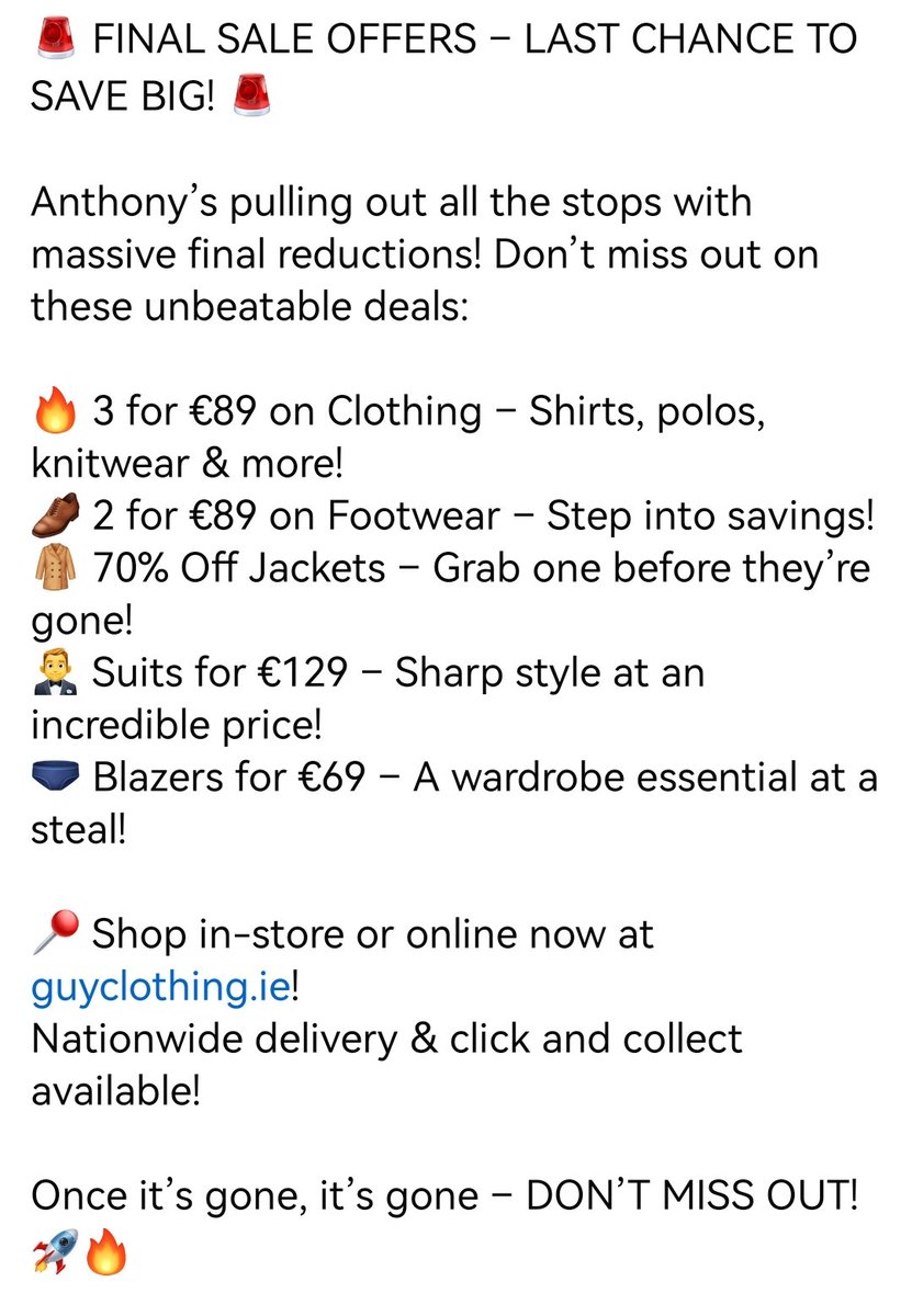 GuyClothing's tweet photo. Final Sale.... Huge savings
Shop now https://t.co/WbXghZCbpd click on our sale category and save across top brand clothing footwear and formalwear.

Shop online at https://t.co/WbXghZCbpd https://t.co/ofajN8t3XJ