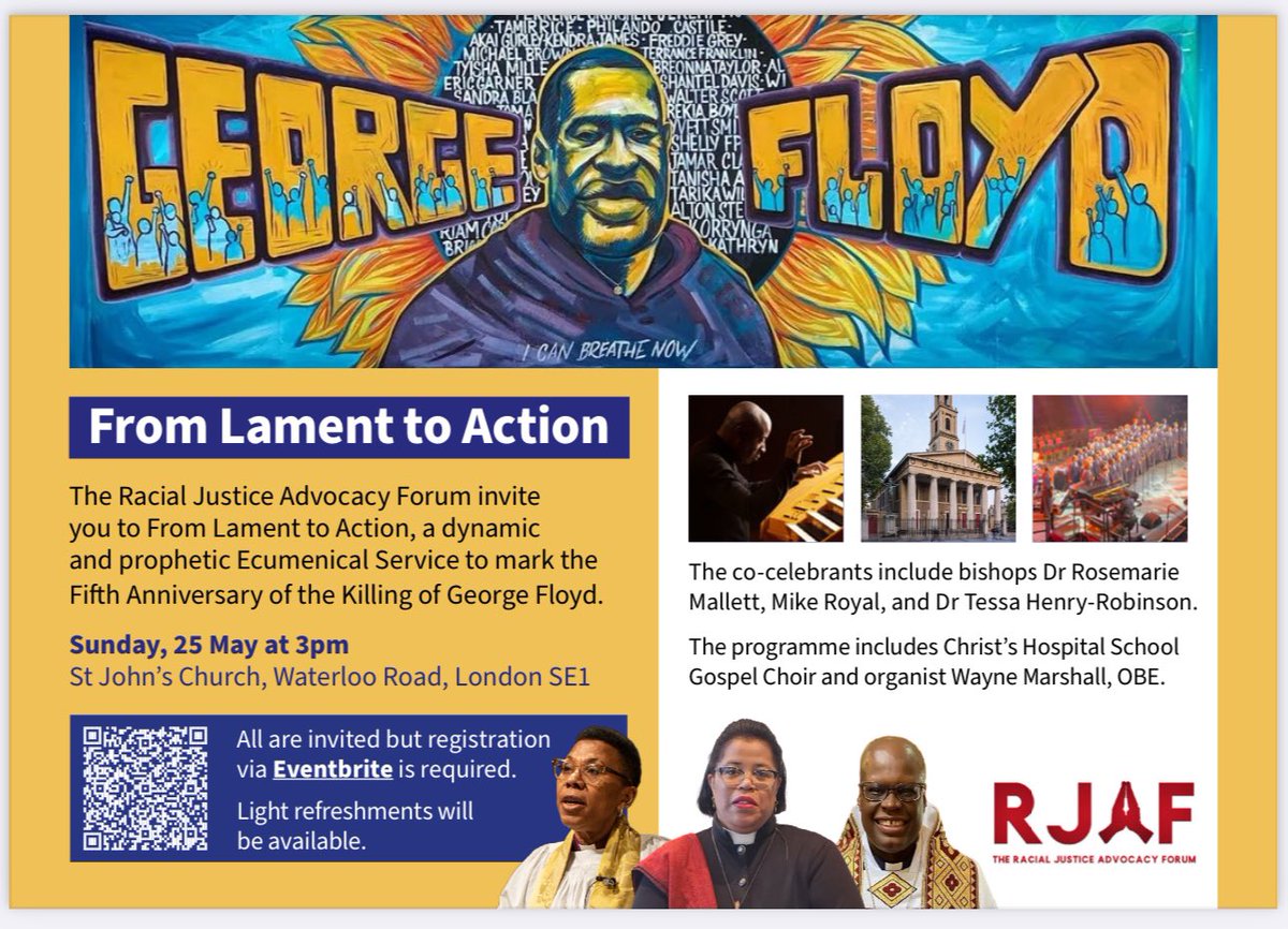 Delighted the <a href="/churchofengland/">The Church of England</a> is joining <a href="/CTBI/">CTBI</a> and other RJAF partners to mark the fifth anniversary of the killing of George Floyd. Join us. eventbrite.co.uk/e/from-lament-…