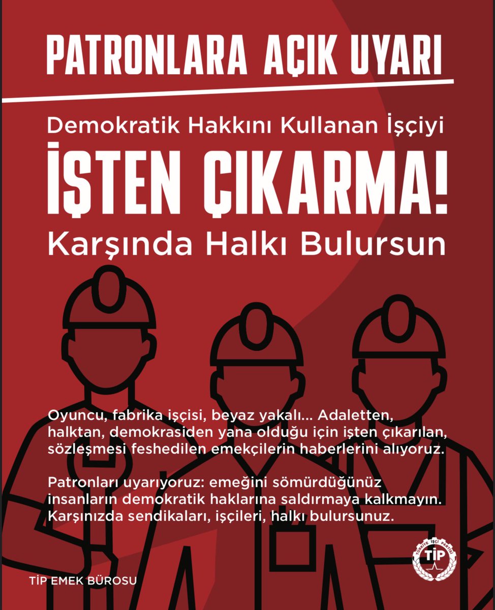TipEmek's tweet photo. Oyuncu, fabrika işçisi, beyaz yakalı... Adaletten, halktan, demokrasiden yana olduğu için işten çıkarılan, sözleşmesi feshedilen emekçilerin haberlerini alıyoruz. 

Patronları uyarıyoruz: emeğini sömürdüğünüz insanların demokratik haklarına saldırmaya kalkmayın. Karşınızda sendikaları, işçileri, halkı bulursunuz.