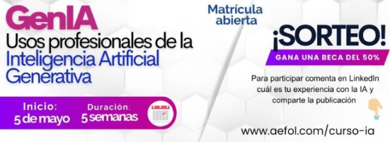 joeldoncel2007's tweet image. 🎯 ¡Sorteamos una beca del 50% para el curso &quot;GenIA&quot;!

💡 Participa:
1️⃣ Inscríbete (inicio: 5 de mayo).
2️⃣ Comenta en LinkedIn con #Beca50CursoIA.
📆 Hasta el 21 de abril.

👉 Participa aquí: aefol.info/participa-y-ga…

ℹ️  aefol.com/curso-ia/

@Aefol @AEFOLnetworking