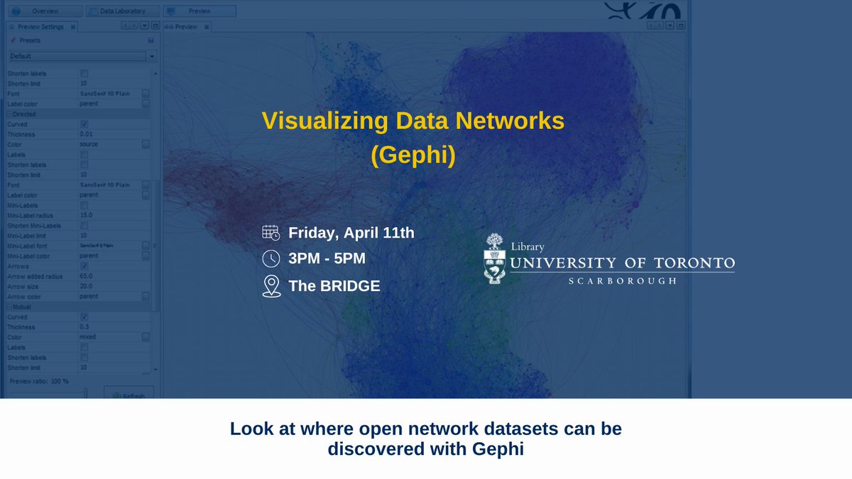 Ever wanted to visualize relationships in your data? 🌐 

From dolphin pods to movie stars, our Visualizing Data Networks workshop will teach you how to analyze networks with Gephi. Unlock new insights in your research!

📅 April 11, 2025

🔗 Register now buff.ly/4h6OI8D