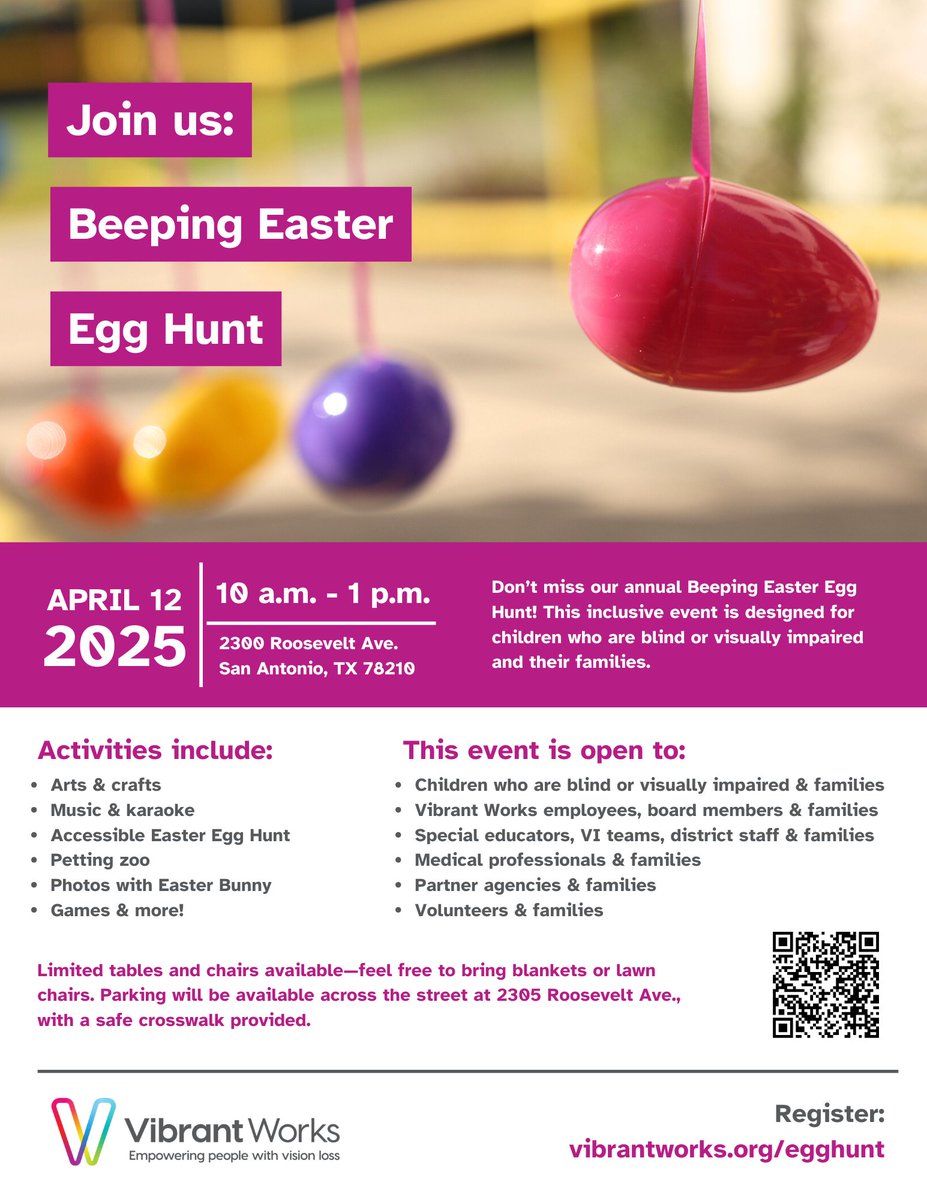 Join us for our annual Beeping Easter Egg Hunt on Sat, April 12 from 10 AM–1 PM at 2300 Roosevelt Ave! Open to kids who are blind or visually impaired, their families &amp; more. Games, music, crafts, Easter Bunny &amp; more! 🐰🎉 #VibrantWorks 
 eventbrite.com/e/2025-beeping…
