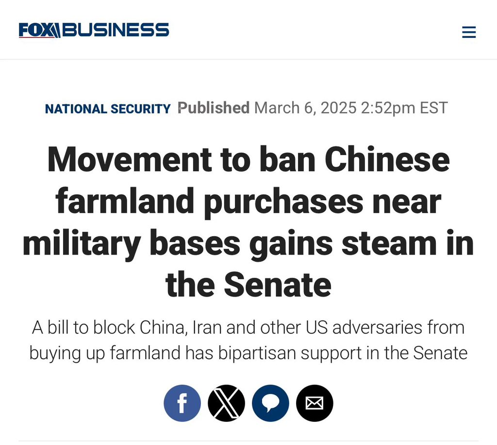 China controls 350k acres of U.S. farmland. Intel suggests the Chinese Communist Party hides these buys as private deals. Do you support a Congressional ban on Chinese nationals &amp; firms buying farmland within 5 miles of military bases or gov buildings?

A. Yes
B. No