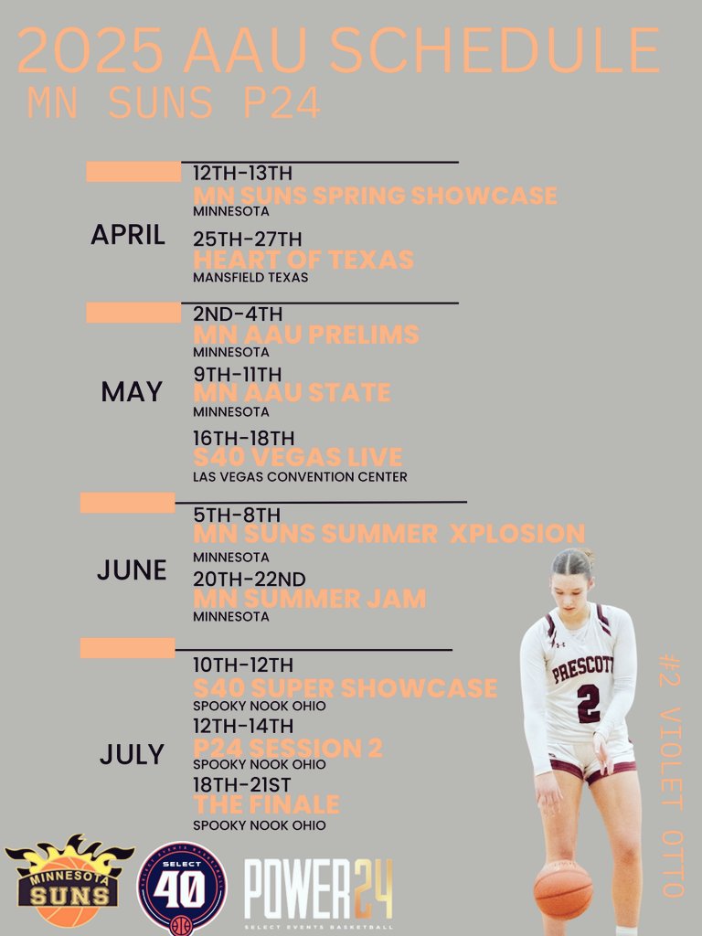 Violet Otto (@otto_violet4) on Twitter photo Here's my 2025 AAU tournament schedule!! I'm so excited to have the opportunity to play w/ <a href="/DreJtcelite/">Coach Dre Jefferson</a> for my last AAU season! Can't wait to hit the courts with my teammates🧡
<a href="/MNSunsbball/">MNSuns</a> <a href="/BradyJ_Peterson/">Brady Peterson🇵🇷</a> <a href="/JordanLoppnow/">Jordan Loppnow</a> <a href="/PrescottGBB/">Prescott Girls Basketball</a> <a href="/SelectEventsBB/">Select Events Basketball</a> <a href="/PGHWisconsin/">𝐏𝐫𝐞𝐩 𝐆𝐢𝐫𝐥𝐬 𝐇𝐨𝐨𝐩𝐬 𝐖𝐢𝐬𝐜𝐨𝐧𝐬𝐢𝐧</a> Here's my 2025 AAU tournament schedule!! I'm so excited to have the opportunity to play w/ <a href="/DreJtcelite/">Coach Dre Jefferson</a> for my last AAU season! Can't wait to hit the courts with my teammates🧡
<a href="/MNSunsbball/">MNSuns</a> <a href="/BradyJ_Peterson/">Brady Peterson🇵🇷</a> <a href="/JordanLoppnow/">Jordan Loppnow</a> <a href="/PrescottGBB/">Prescott Girls Basketball</a> <a href="/SelectEventsBB/">Select Events Basketball</a> <a href="/PGHWisconsin/">𝐏𝐫𝐞𝐩 𝐆𝐢𝐫𝐥𝐬 𝐇𝐨𝐨𝐩𝐬 𝐖𝐢𝐬𝐜𝐨𝐧𝐬𝐢𝐧</a>