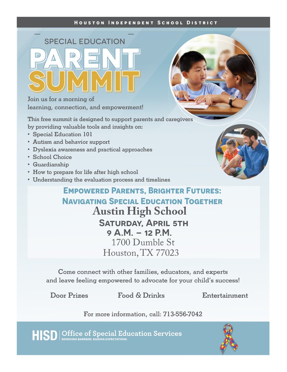 Tomorrow morning! Join HISD educators at the 2025 Special Education Parent Summit for a chance to connect with other families and learn about support available. 💛✨