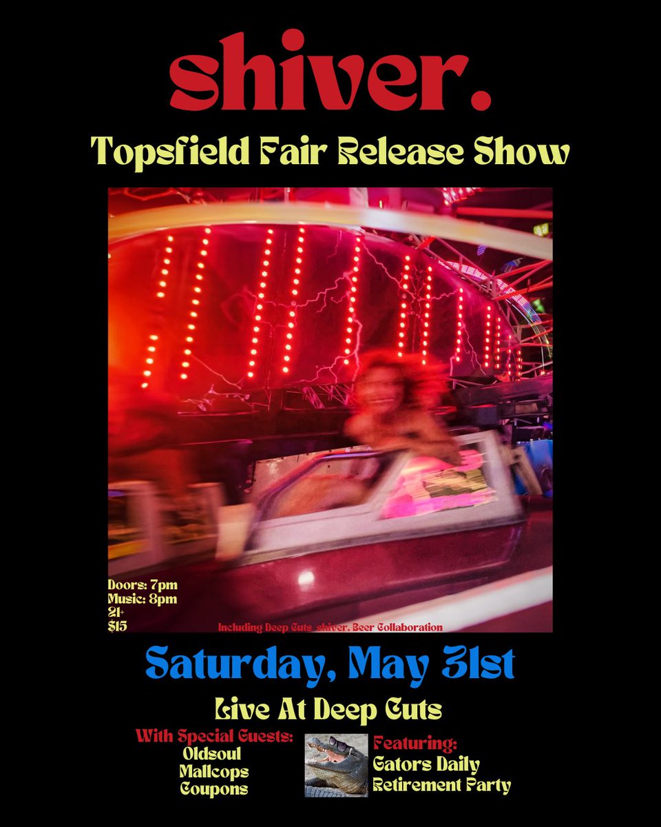 Excited to announce our album release show is May 31st at <a href="/DeepCutsRocks/">Deep Cuts</a> with <a href="/oldsoulMA/">oldsoul (one word)</a>, <a href="/MallcopsMA/">Mallcops</a> and <a href="/coupons_ALB/">couponsy scheme</a>! There will also be a retirement pop up by <a href="/GatorsDaily/">Gators Daily 🐊</a> selling off some merch and hanging out.

New album “Topsfield Fair” out May 16th. Ticket link in our bio!