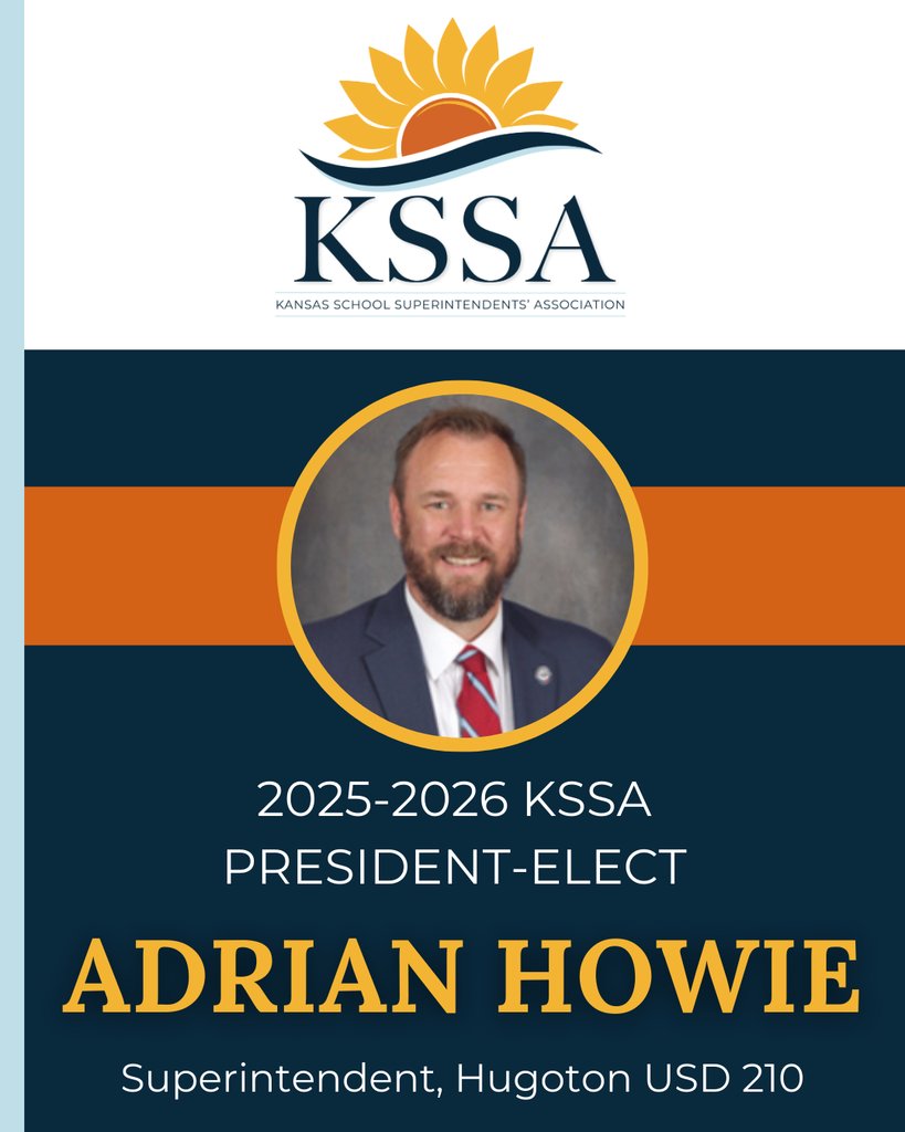 The Kansas School Superintendents' Association is proud to announce that Adrian Howie, Superintendent of Hugoton USD 210, has been elected as the KSSA President-Elect for the 2025–2026 school year. We look forward to his continued leadership! #edleadershipmatters