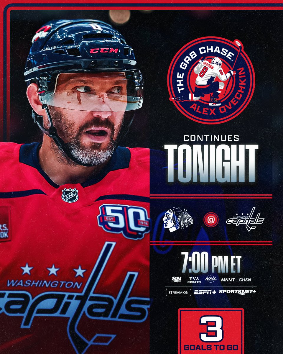 NHLPR's tweet photo. On Dec. 13, 2022, Alex Ovechkin scored a hat trick against the Blackhawks to become the third player to reach 800 goals. Three goals against Chicago tonight would make him the NHL’s all-time goals leader. #Gr8Chase

#NHLStats: https://t.co/bAj7Lhb8rr https://t.co/uASU8xux1P