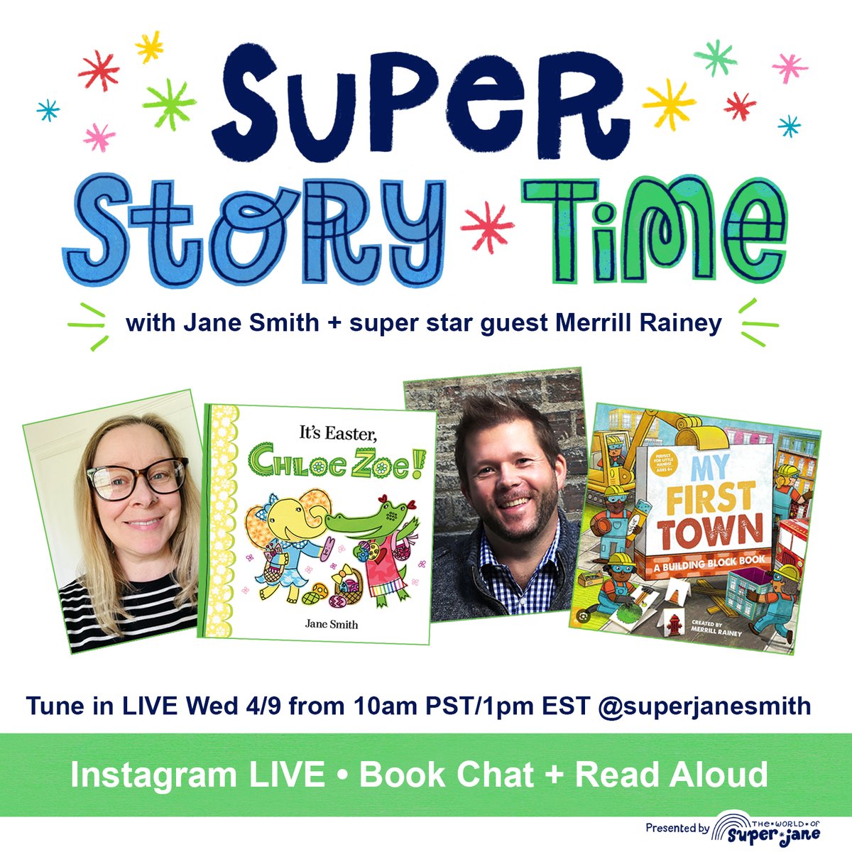 🎉MARK YOUR CALENDARS: This month's #SuperStoryTime LIVE celebrates #Easter + a fun new paper craft book! <a href="/LittleRainey/">Merrill Rainey making beautiful things out of junk</a> will be reading/demo-ing his #newbook MY FIRST TOWN &amp; I'll be sharing my #picturebook IT'S EASTER, CHLOE ZOE! Plan 2 join us next WED 4/9 @ 1pm EST on IG! 💚