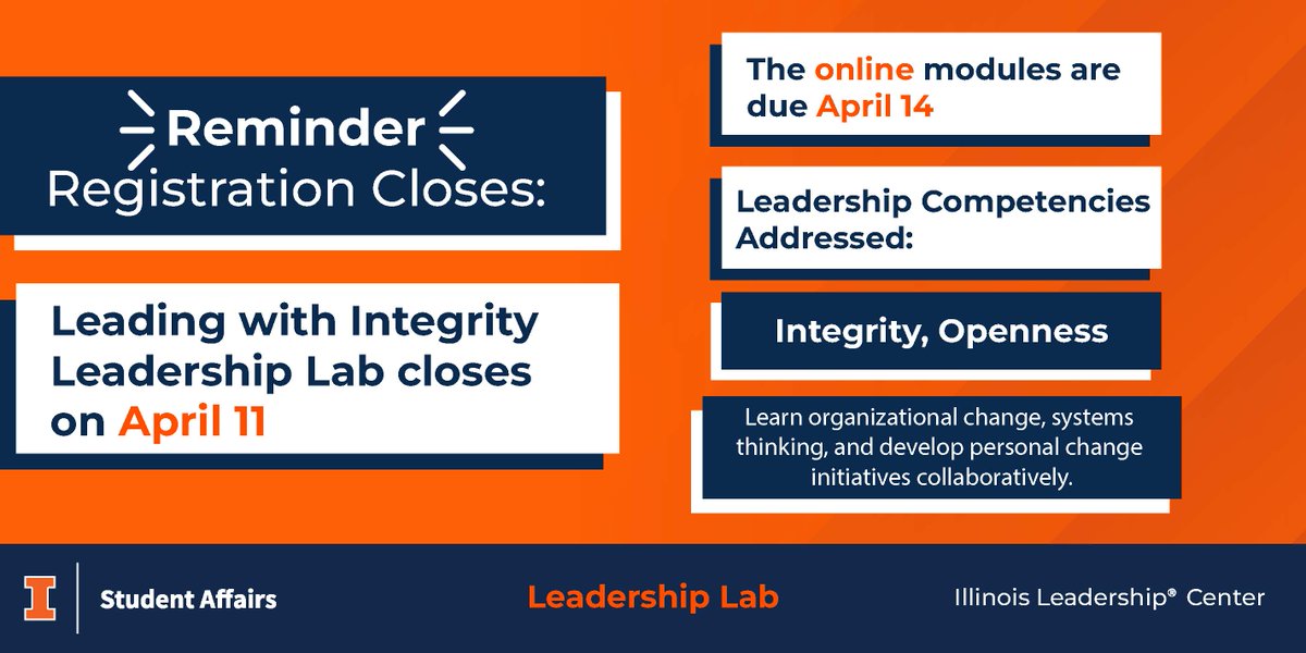 🚨 Final Reminder! 🚨

Time is running out to register for the "Leading with Integrity" Leadership Lab!

⚠️ Registration closes April 11th
⚠️ Online modules due April 14th

Don’t miss this opportunity—sign up now through the link in our bio!