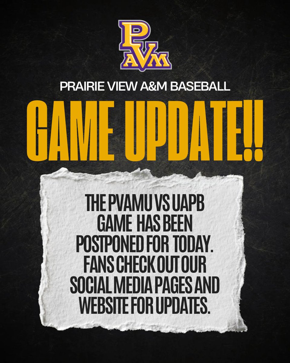 PVAMU Panthers (@pvamupanthers) on Twitter photo PVAMUBSB: Game update, Panthers! Today’s matchup vs. UAPB has been postponed. Stay locked in to our social media platforms and the website for all the latest updates!
#PVPanthers | #PantherBaseball PVAMUBSB: Game update, Panthers! Today’s matchup vs. UAPB has been postponed. Stay locked in to our social media platforms and the website for all the latest updates!
#PVPanthers | #PantherBaseball