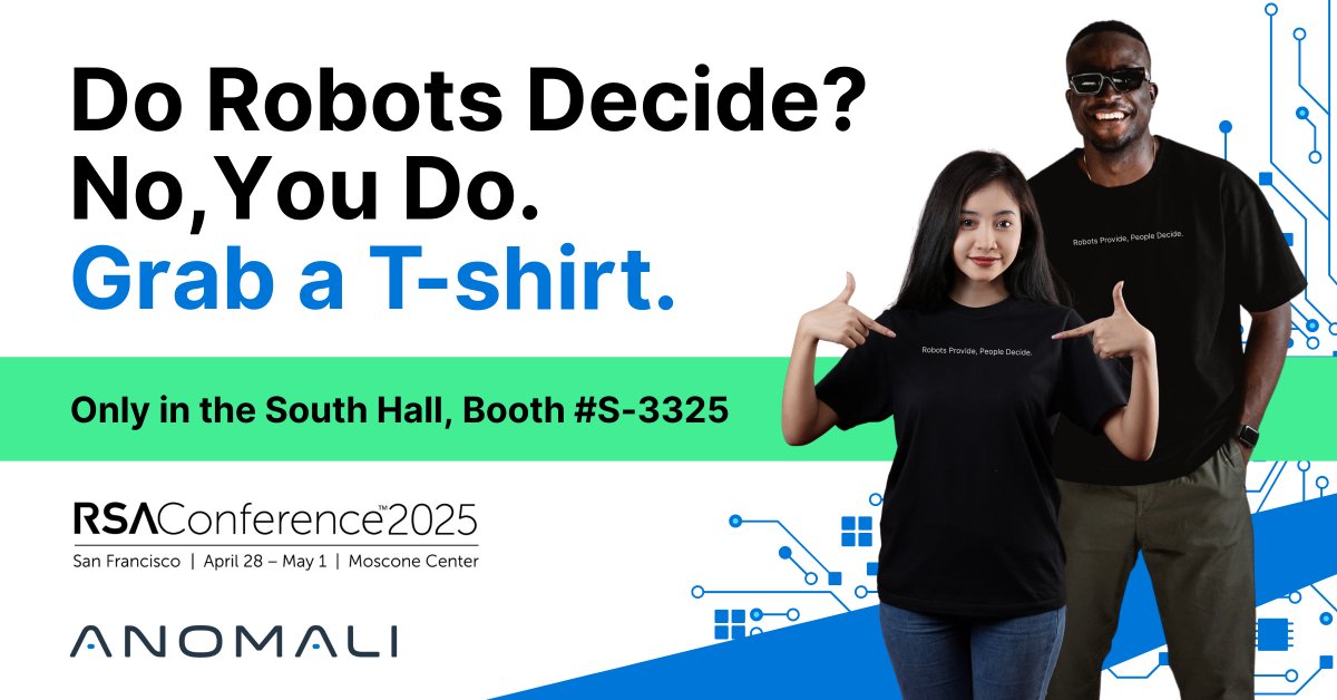 🤖 Robots provide, People decide. ✨ Swing by Anomali at #RSAC2025 Booth S-3325 for live demos, expert insights, and your exclusive Anomali T-shirt. 🚀🎟️ ow.ly/aoK150VupWp

#RSAC #ThreatIntelligence #SecurityOperations #AI #Anomali #BeDifferent #BeTheAnomali