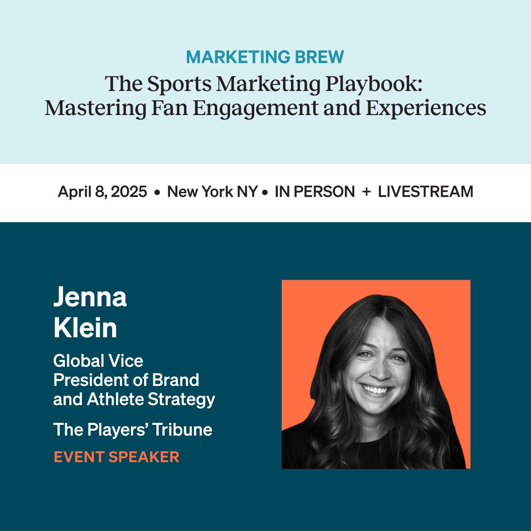 Minute Media (@minutemedialtd) on Twitter photo Next week our very own Jenna Klein, Global Vice President of Brand & Athlete Strategy at <a href="/PlayersTribune/">The Playersâ Tribune</a> will be speaking at <a href="/MarketingBrew/">Marketing Brew âď¸</a>'s Sports Marketing Playbook Event.
Register today: events.morningbrewinc.com/sportsmarketin⌠Next week our very own Jenna Klein, Global Vice President of Brand & Athlete Strategy at <a href="/PlayersTribune/">The Playersâ Tribune</a> will be speaking at <a href="/MarketingBrew/">Marketing Brew âď¸</a>'s Sports Marketing Playbook Event.
Register today: events.morningbrewinc.com/sportsmarketinâŚ