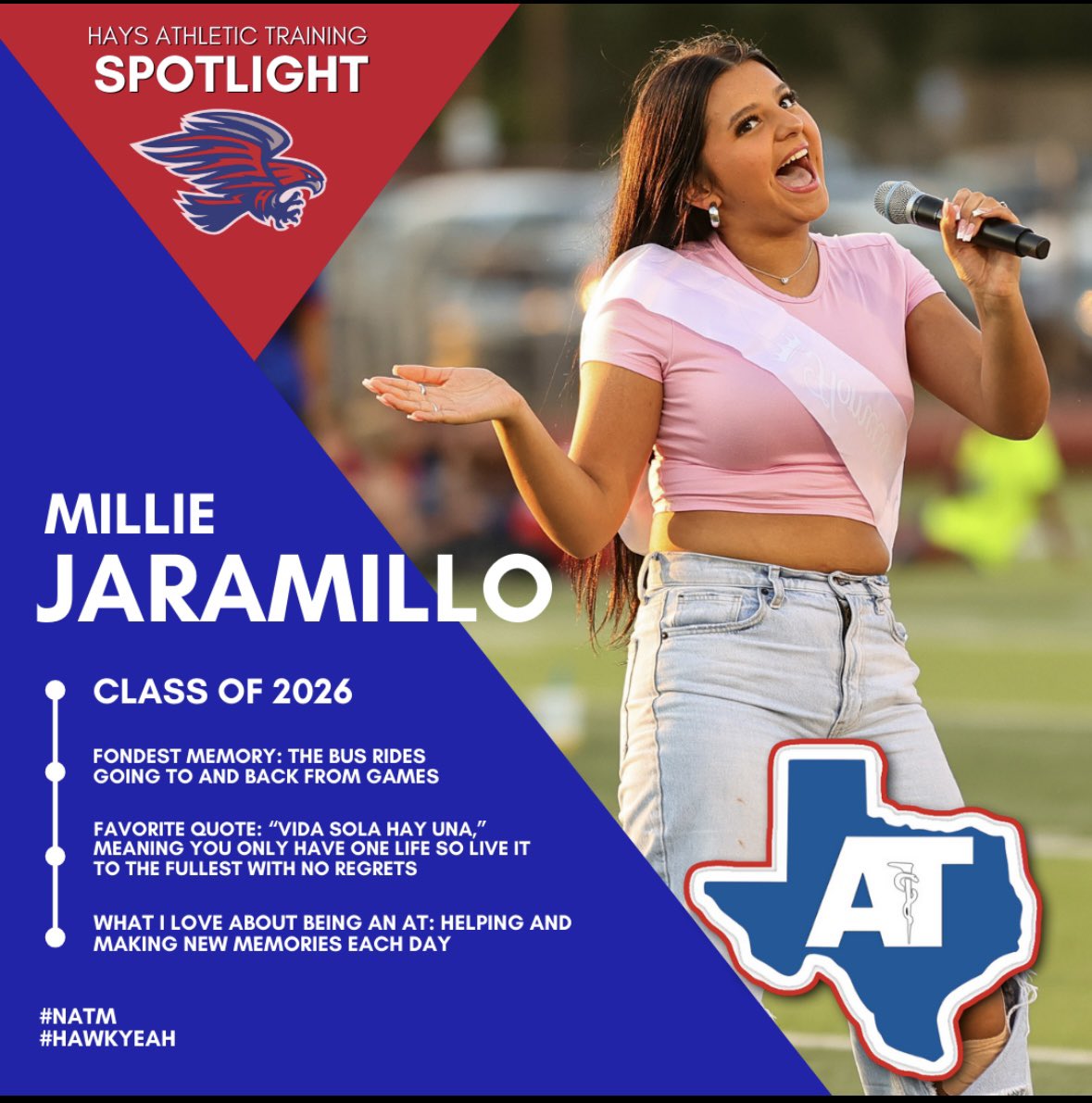 HHS_AthTraining's tweet image. Our NATM spotlight (a little late) features our amazing Millie Jaramillo! Millie is a junior and has made quite the impact in our program! She is always working hard and smiling the whole time. We love her energy and we are excited for her senior year! #NATM #hawkyeah