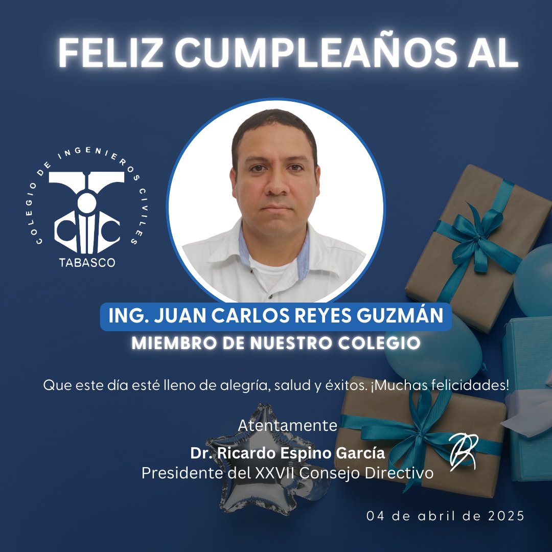 Cictab's tweet photo. "¡El CICT le desea un muy feliz cumpleaños al Ing. Juan Carlos Reyes Guzmán! 🎉🥳
#mejorvidaatravesdelaingeniería https://t.co/mwxodiv68S