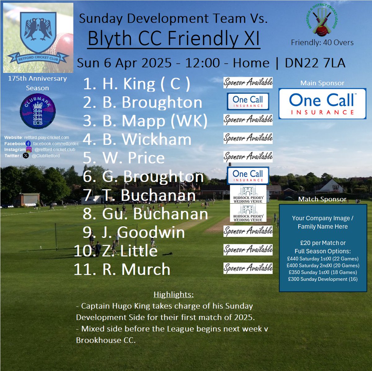 RCC Friendly XI v <a href="/blythccnotts/">Blyth Cricket Club</a> 
Sun 6th April - Home - 12:00