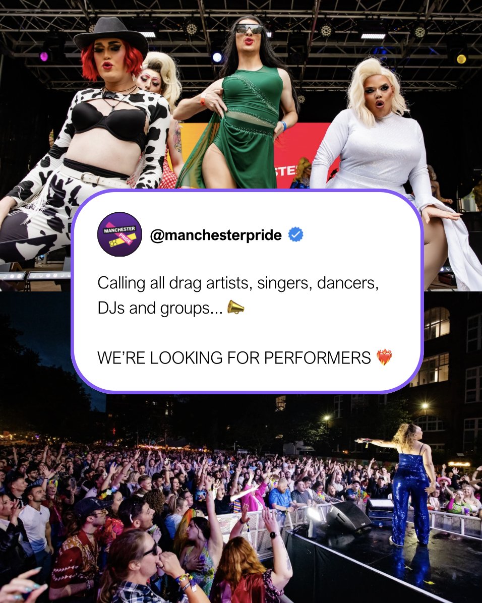 Manchester Pride (@manchesterpride) on Twitter photo PERFORMER CALLOUT π³οΈβππ³οΈββ§οΈ
Weβre looking for artists to join the line-up for Manchester Pride 2025!
Whether you're a showbiz veteran or youβve only ever performed for an imaginary crowd in the shower, we want to hear from you β¨
Express your interest: form.jotform.com/240713062987359 PERFORMER CALLOUT π³οΈβππ³οΈββ§οΈ
Weβre looking for artists to join the line-up for Manchester Pride 2025!
Whether you're a showbiz veteran or youβve only ever performed for an imaginary crowd in the shower, we want to hear from you β¨
Express your interest: form.jotform.com/240713062987359