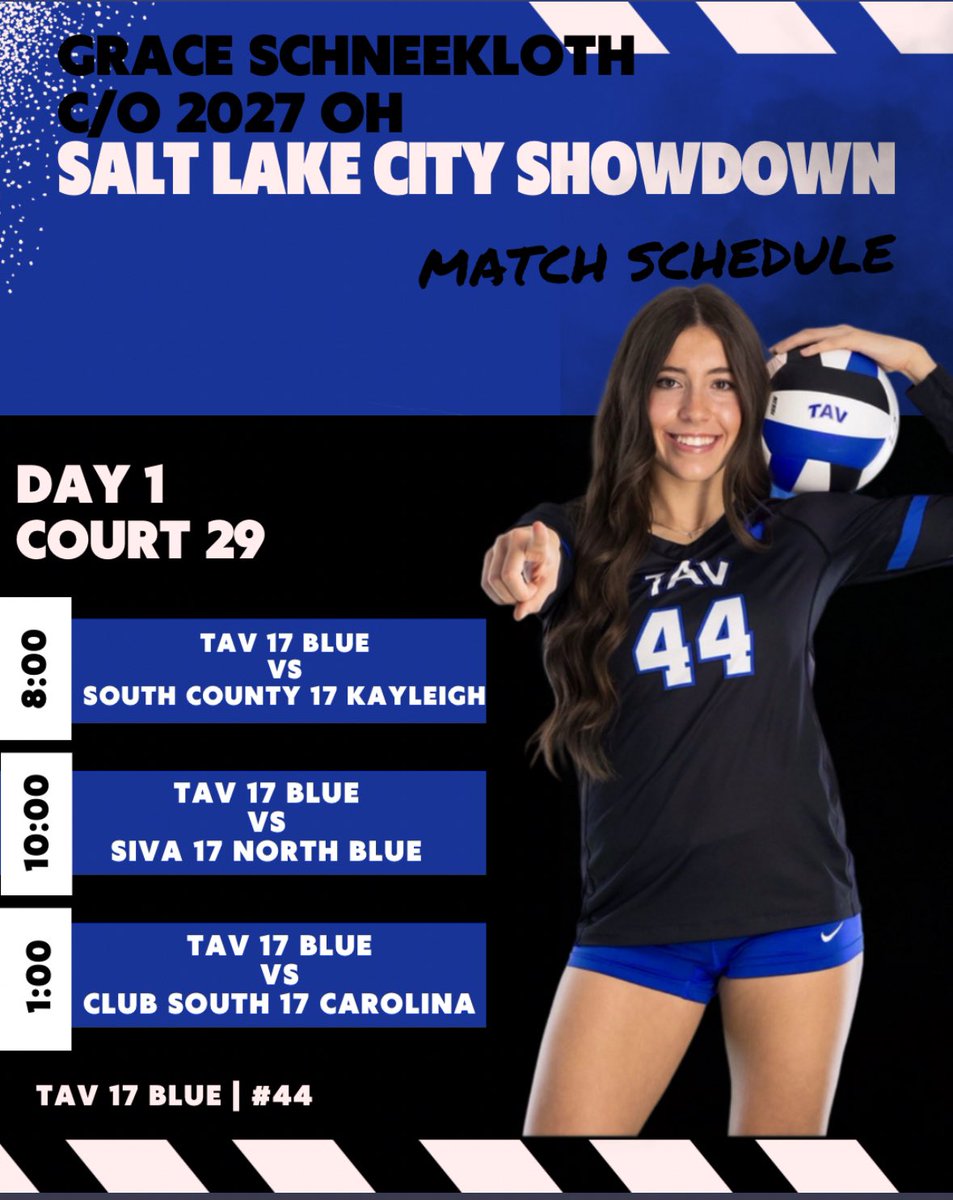 Grace Schneekloth (@g_schneekloth) on Twitter photo SALT LAKE CITY SHOWDOWN DAY 1 SCHEDULE!!!
Court 29, 17 USA, play at 8,10,1
❤️🔥❤️🔥❤️🔥#classof2027 #outsidehitter #northtexasvolleyball <a href="/TAVVolleyball/">TX Advantage VB</a> <a href="/legerandmoon/">Léger & Moon Volleyball</a> SALT LAKE CITY SHOWDOWN DAY 1 SCHEDULE!!!
Court 29, 17 USA, play at 8,10,1
❤️🔥❤️🔥❤️🔥#classof2027 #outsidehitter #northtexasvolleyball <a href="/TAVVolleyball/">TX Advantage VB</a> <a href="/legerandmoon/">Léger & Moon Volleyball</a>