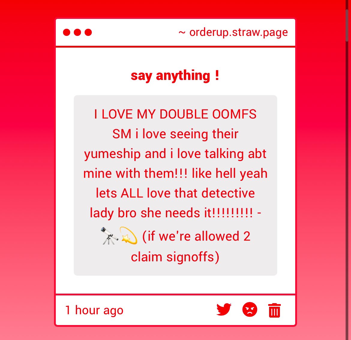 🍒 — : i’m happy you all are sharing :3 it’s so cute seeing a group of people that share the same f/o tbh .. and also YES anon names are allowed but i can’t promise that someone else won’t also start using it 💔