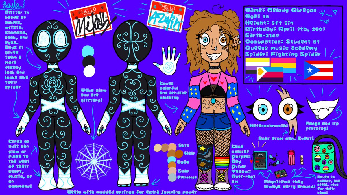 LStar58's tweet photo. Please let me know if you can't read something! My handwriting isn't the best😭

Also! The suit idea was not entirely mine! My amazing partner made it and I expanded upon it! 

Here's the old ref for comparison!

And I'll gladly take any questions y'all have about them! :3🫶 https://t.co/6ZKM0gxolP