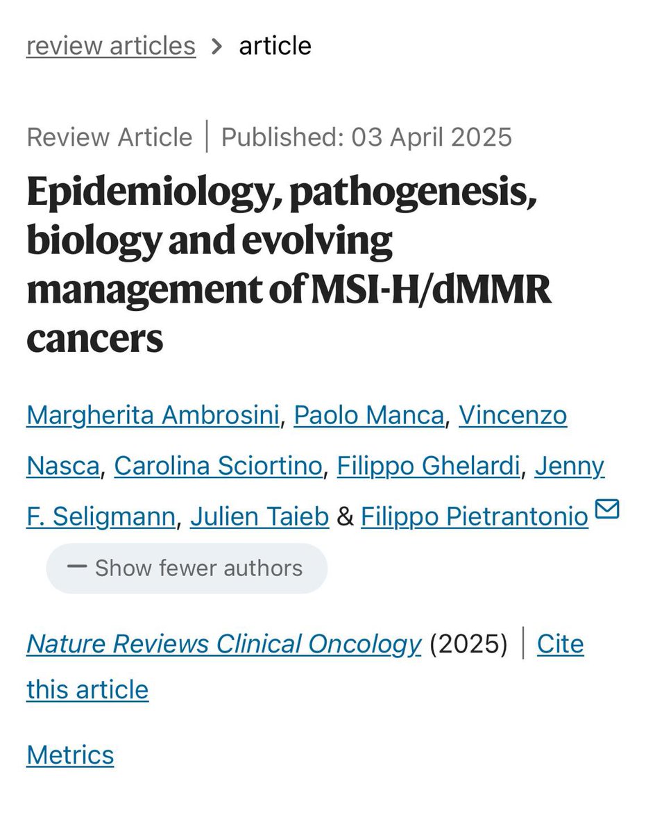 In this review we go through the key aspects that characterize MSI-H/dMMR cancers, in light of recent diagnostic advances and the successes of immune checkpoint inhibitors in both advanced and early stage disease.

Have a look! 

nature.com/articles/s4157…