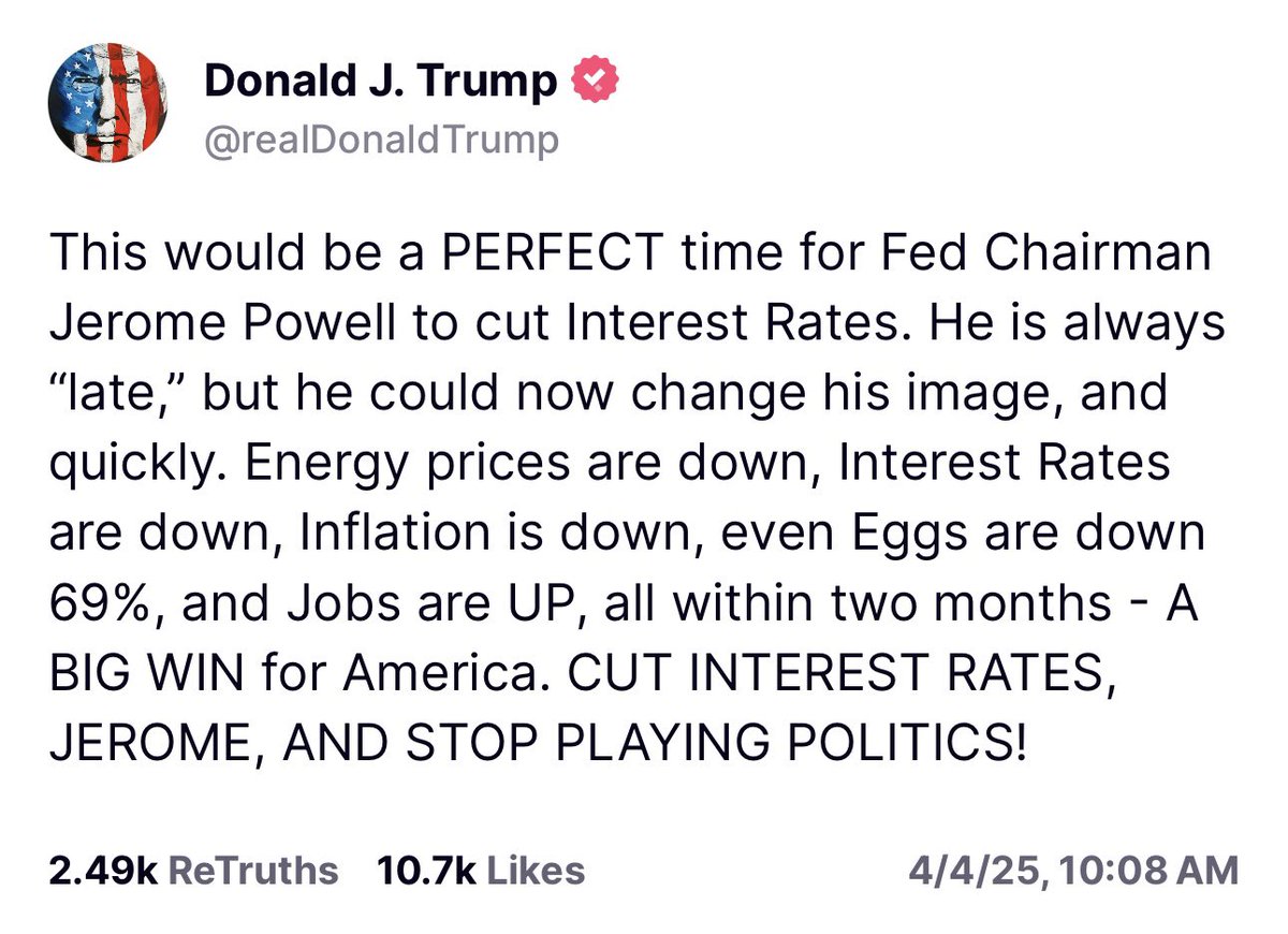 JUST IN: 🇺🇸 President Trump said “This would be a PERFECT time for Fed Chairman Jerome Powell to cut Interest Rates.”

“CUT INTEREST RATES, JEROME”