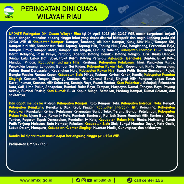 Update Peringatan Dini Cuaca Wilayah - Riau Tgl. 04 April 2025 pkl. 22:30 WIB
Prakirawan - BMKG - Riau 
nowcasting.bmkg.go.id/nowcast?kodwil…