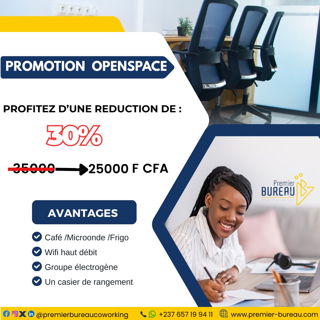 PremierBureau's tweet photo. Marre de galérer pour vos projets étudiants le week-end ? 🤔 

Premier Bureau Coworking est l'endroit idéal pour vous concentrer et avancer efficacement ! 

Notre offre Open Space à seulement 25 000 FCFA (au lieu de 35 000 FCFA) vous attend ce week-end ! 😉
 Infos : 657199411 https://t.co/tBCyP9Gohu