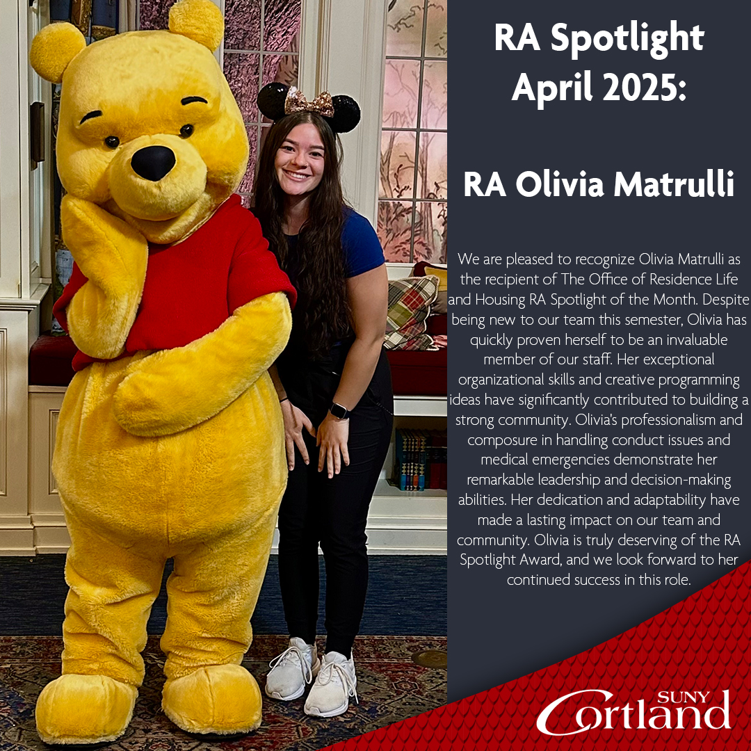 CortlandResLife's tweet photo. We are pleased to recognize Olivia Matrulli as the recipient of The Office of Residence Life and Housing RA Spotlight of the Month. https://t.co/y3fV99KEIG