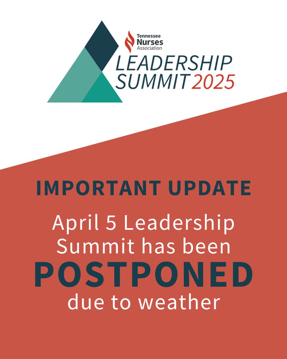 Tennessee Nurses Association (@tnnursesassoc) on Twitter photo Due to unforeseen weather conditions, we regret to inform you that the Leadership Summit has been postponed. We are currently working to reschedule the event and will share details asap. If you have any questions, feel free to reach out to kirk.lawson@TNurses.care. Thank you. Due to unforeseen weather conditions, we regret to inform you that the Leadership Summit has been postponed. We are currently working to reschedule the event and will share details asap. If you have any questions, feel free to reach out to kirk.lawson@TNurses.care. Thank you.