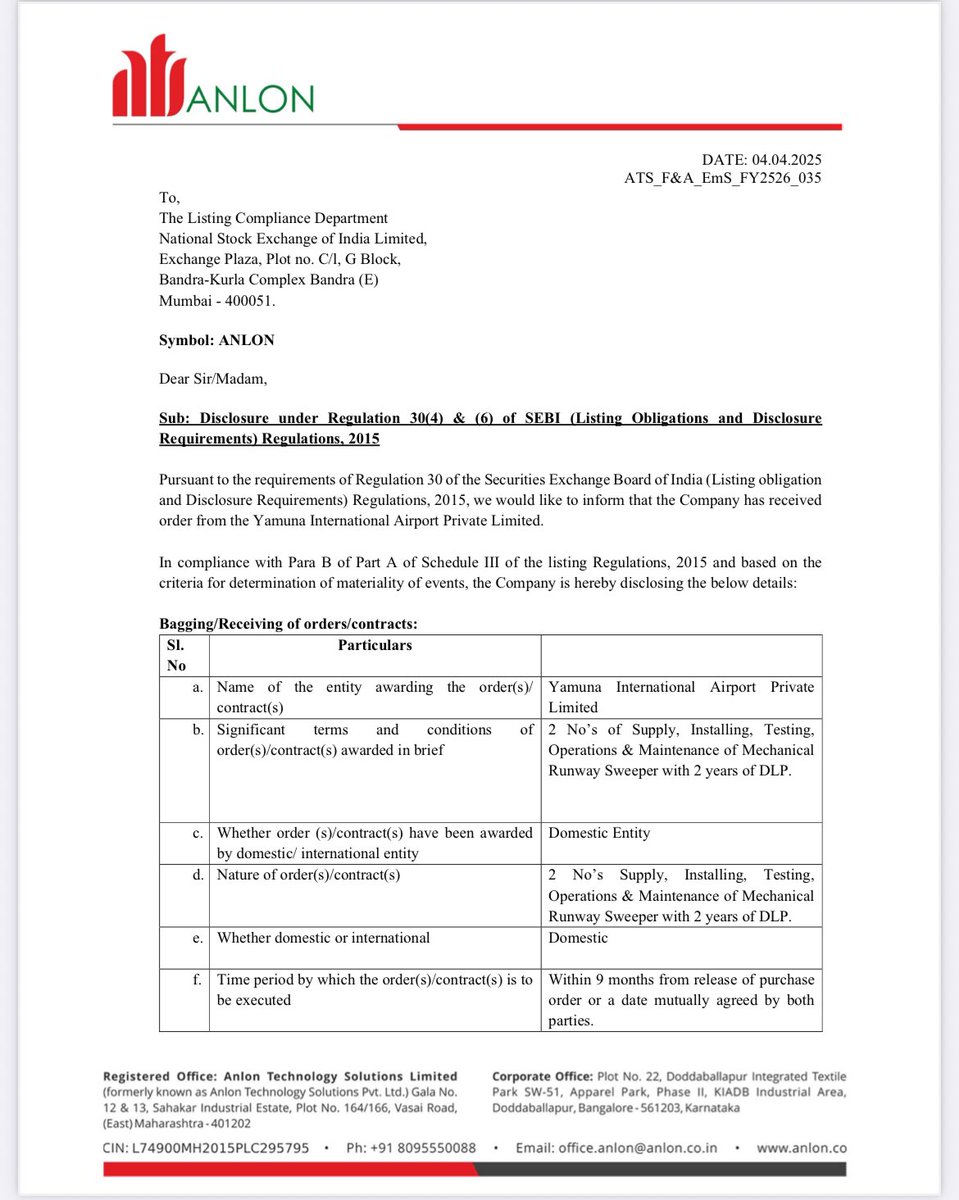Portfolio_Bull's tweet photo. ANLON TECH SOLUTIONS LTD ‼️

🚨Company received order worth ₹10 Cr. from Yamuna International Airport Private Ltd.🔥

#Anlontech #stockmarketupdates https://t.co/oSq9QFPzwt