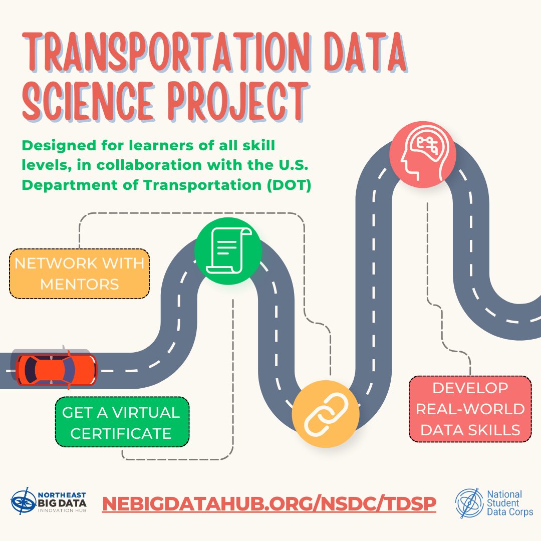 NEbigdatahub's tweet image. Looking for real world data science experience? Join the Transportation Data Science Project and work with DOT data to make recommendations on road safety. Participants receive a certificate for their portfolios! nebigdatahub.org/nsdc/tdsp/ @DataSciColumbia @USDOT @NYC_DOT @NSF @NIH