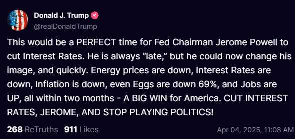 Tổng Thống Trump: Đây sẽ là thời điểm HOÀN HẢO để Chủ tịch Fed Jerome Powell cắt giảm lãi suất. Ông ấy luôn “trễ,” nhưng giờ ông ấy có thể thay đổi hình ảnh của mình — và nhanh chóng. Giá năng lượng đã giảm, lãi suất đã giảm, lạm phát đã giảm, thậm chí