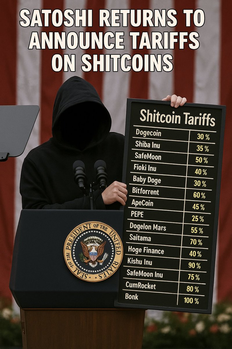 🚨BREAKING:  Satoshi declares economic war on shitcoins. Emerges from the shadows slapping tariffs of 100% on memecoins. Markets in disbelief. CumRocket down bad. 📉