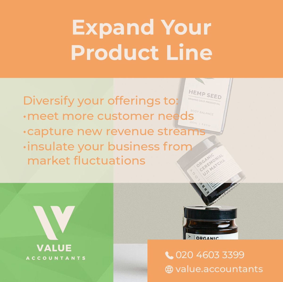 📈Ready to boost your business revenue? Diversify your portfolio with help from Value Accountants! We specialize in market analysis and financial planning to guide your product expansion. 🚀 Contact us today to seize new opportunities! #BusinessGrowth #ValueAccountants