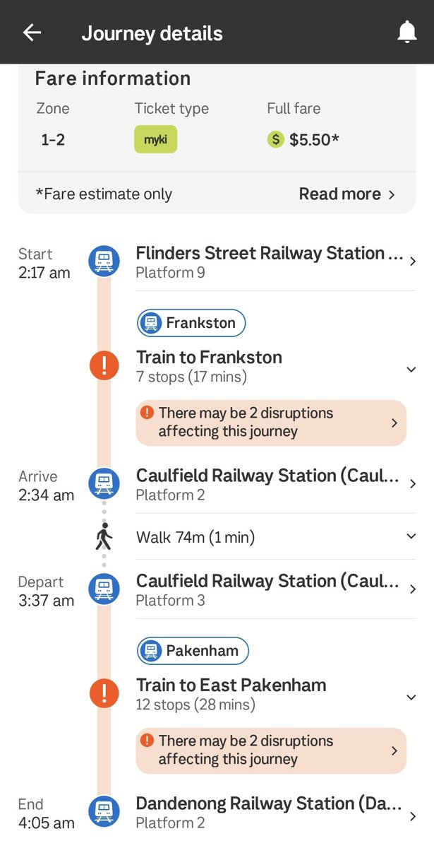 craig_halsall's tweet photo. Overheard on 2:17am #FrankstonLine people contemplating a maxi taxi from Caulfield due to uncertainty of wait for #PakenhamLine train...reassured them train will wait
#PTV app & #GoogleMaps factor in a 63 min wait despite a cross-platform transfer π
#MetroTrains #NightNetwork https://t.co/VDcpltJNj1