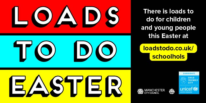 ManCityCouncil's tweet photo. The Easter half term holidays have started! You can enjoy free and low-cost option activities to bring your children along to enjoy! 🎨
 
Find out more about activities to do in Manchester:  https://t.co/1Z5vWqB7qa
 
#LoadsToDo #Manchester https://t.co/RN2I43iU20
