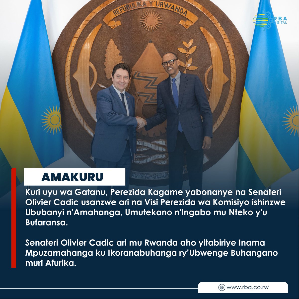 Kuri uyu wa Gatanu, Perezida Kagame yabonanye na Senateri Olivier Cadic usanzwe ari na Visi Perezida wa Komisiyo ishinzwe Ububanyi n'Amahanga, Umutekano n'Ingabo mu Nteko y'u Bufaransa.

Senateri Olivier Cadic ari mu #Rwanda aho yitabiriye Inama Mpuzamahanga ku Ikoranabuhanga