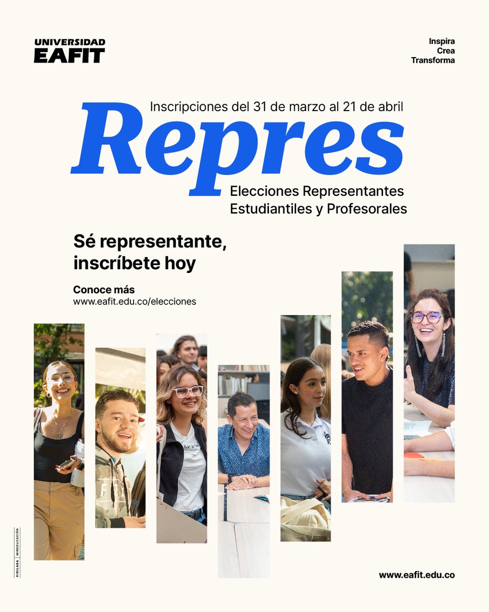 📣Llegó el turno para que un nuevo grupo de eafitenses releve a los <a href="/RepresEAFIT/">Representantes Estudiantiles EAFIT</a> en esta responsabilidad de contribuir al crecimiento y proyección de la U desde las diferentes instancias de toma de decisión 👀💬.

📆 Desde esta semana y hasta el próximo 21 de abril, estarán