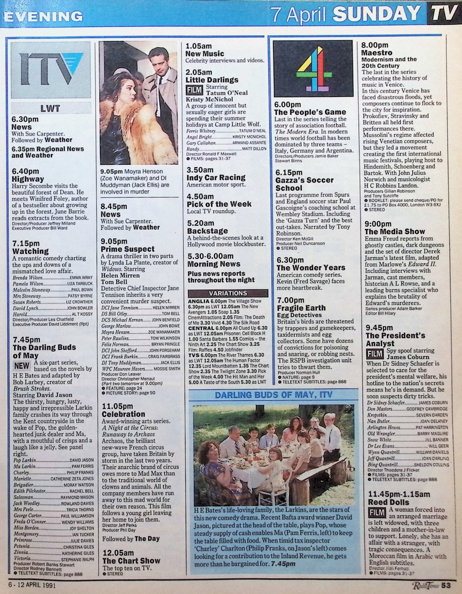 TvDidYouSee's tweet image. #OnThisDay 7 April 1991 📺TV Listings
#Helen Mirren stars in the first PRIME SUSPECT at 9:00 on ITV. 
The very first THE DARLING BUDS OF MAY with #DavidJason is before that at 7:45 and the last ever BRUSH STROKES is on BBC1 at 7:15.
Screen Two: AIMÉE, starring #JulietStevenson.
