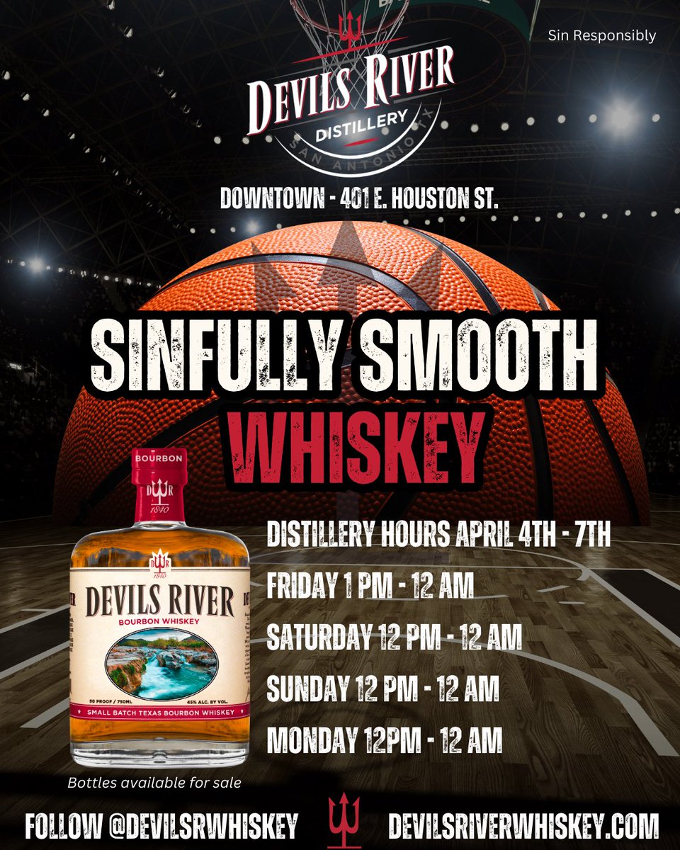 🏀 Basketball Fans! 🏀
While you're downtown for the madness, make a game-winning move and stop by Devils River Whiskey Distillery! 🥃🔥 
#FinalFour #SanAntonio #WhiskeyWins #DevilsRiverWhiskey #GameDayDrinks
