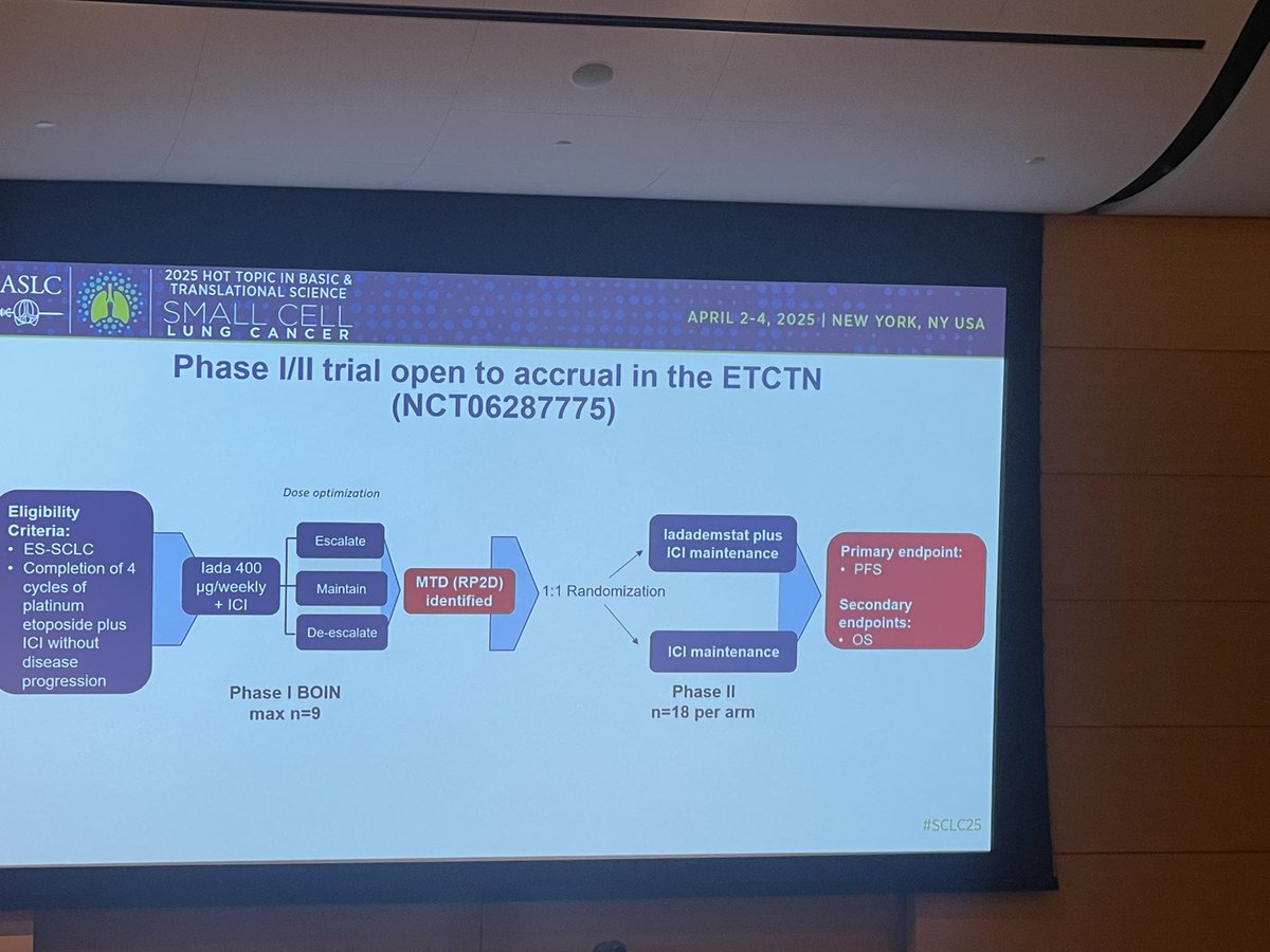 LUNGevity Foundation (@lungevity) on Twitter photo Phase 1/2 trial of LSD1 inhibitor iadademstat + immunotherapy maintenance in first-line ES-SCLC. Great to see ES-SCLC trial design that minimizes barriers for patients to participate. <a href="/NouraChoudhury/">Noura Choudhury, MD</a> <a href="/UCCancerCenter/">UChicagoCancerCenter</a> <a href="/SclcSMASHERS/">SmallCellSMASHERS</a> #SCLC25 Phase 1/2 trial of LSD1 inhibitor iadademstat + immunotherapy maintenance in first-line ES-SCLC. Great to see ES-SCLC trial design that minimizes barriers for patients to participate. <a href="/NouraChoudhury/">Noura Choudhury, MD</a> <a href="/UCCancerCenter/">UChicagoCancerCenter</a> <a href="/SclcSMASHERS/">SmallCellSMASHERS</a> #SCLC25
