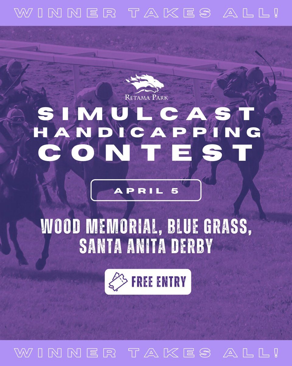 🏇 Get ready —The handicapping contest returns to #RetamaPark tomorrow, April 5th! 💰

⏳ Entries close 10 minutes before post time of the first contest race, so don’t wait!

📄 Entry forms and rules are available on contest days at the Mutuel Information Window or inside