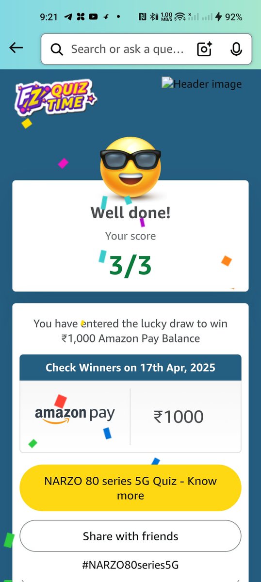RAMAYANAMKIRAN's tweet photo. #NARZO80series5G

I played this interesting Quiz on Amazon-Play games at Amazon FunZone  https://t.co/RHkFfrjVUn https://t.co/5D14PMMAx1
