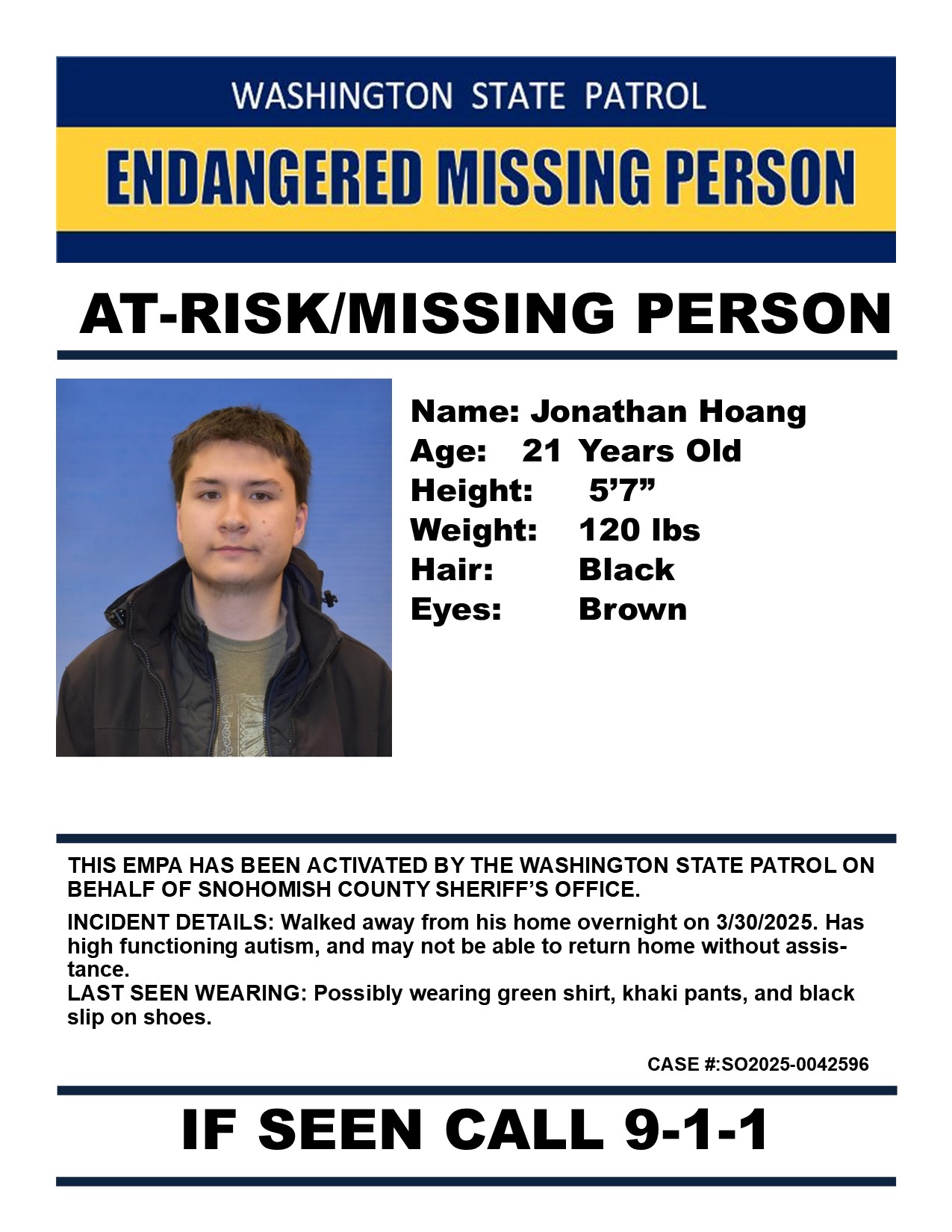 #snohomishcounty
#endangeredmissingautisticperson #JonathanHoang home is #ArlingtonWashington.
#huma...