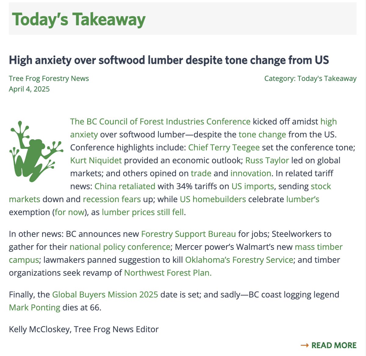 TreeFrogNews's tweet image. Today&apos;s Tree Frog News includes coverage from the @COFI_INFO convention in Prince George, and all the headlines you need to start your day. treefrogcreative.ca/news/