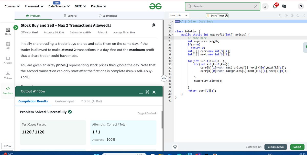 Day 126/160 of #geekstreak2024 by
@geeksforgeek

Question :Stock Buy and Sell – Max 2 Transactions Allowed #geekstreak2024 #womenintech