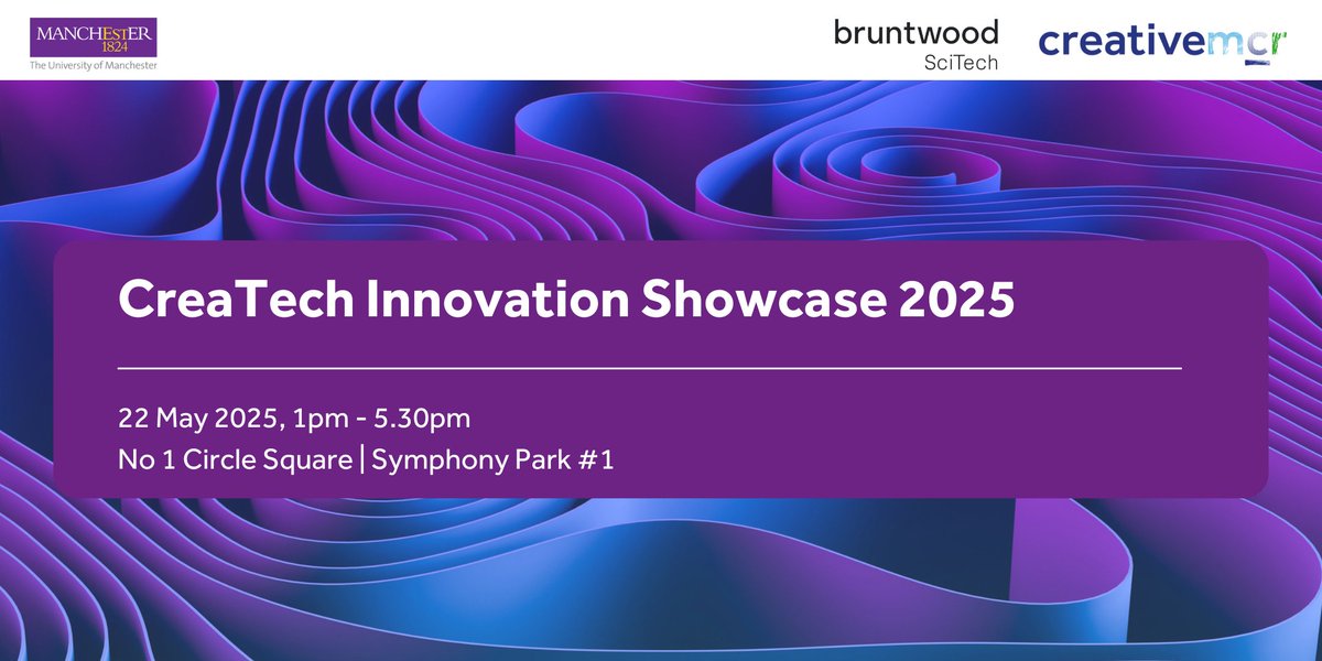 Creative Manchester (@uomcreativemcr) on Twitter photo 📢EVENT ANNOUNCEMENT CreaTech Innovation Showcase 2025
In collab w/ @UoMBEKE, a half-day event celebrating the projects that were funded. Ft lightning talks, panel events & demos of research
🗓️ 22/05
📍No.1 Circle Square
<a href="/BW_SciTech/">Bruntwood SciTech</a>
Book: ow.ly/Ozmq50VtVZo 📢EVENT ANNOUNCEMENT CreaTech Innovation Showcase 2025
In collab w/ @UoMBEKE, a half-day event celebrating the projects that were funded. Ft lightning talks, panel events & demos of research
🗓️ 22/05
📍No.1 Circle Square
<a href="/BW_SciTech/">Bruntwood SciTech</a>
Book: ow.ly/Ozmq50VtVZo