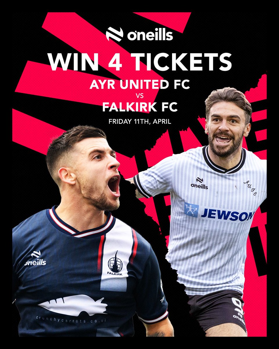🚨 Competition time 🚨

Want to win 4 tickets to the <a href="/AyrUnitedFC/">Ayr United</a> vs <a href="/FalkirkFC/">Falkirk FC</a> game on the 11th of April? 🎟️🎟️🎟️🎟️

To enter:

1. Follow O’Neills Sportswear UK ✅

2. Repost this tweet ✅

Enter again via Facebook &amp; Instagram through the link below:

linktr.ee/oneillssportsw…