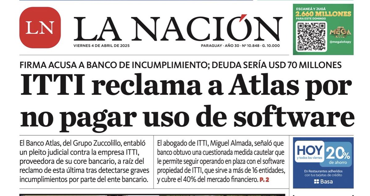 jtorresromero's tweet photo. ⭕️ OPERATIVO APRIETE. ABC simula una supuesta preocupación por eventual conflicto de intereses por parte del presidente Peña. La Nación revela el verdadero trasfondo de la campaña contra ITTI: una deuda de US$ 70 millones que tiene el Banco Atlas (Grupo Zuccolillo-ABC) con la empresa ITTI por violar contrato de usufructo de software durante 21 años.